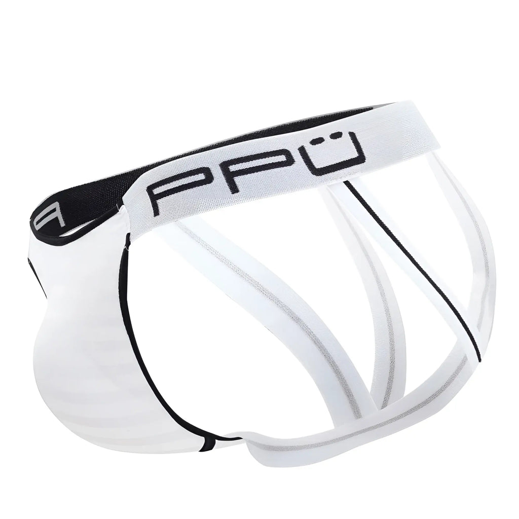 White ppu 2311 microfiber jockstrap in white transparent mesh briefs with black trim and logo visible from front