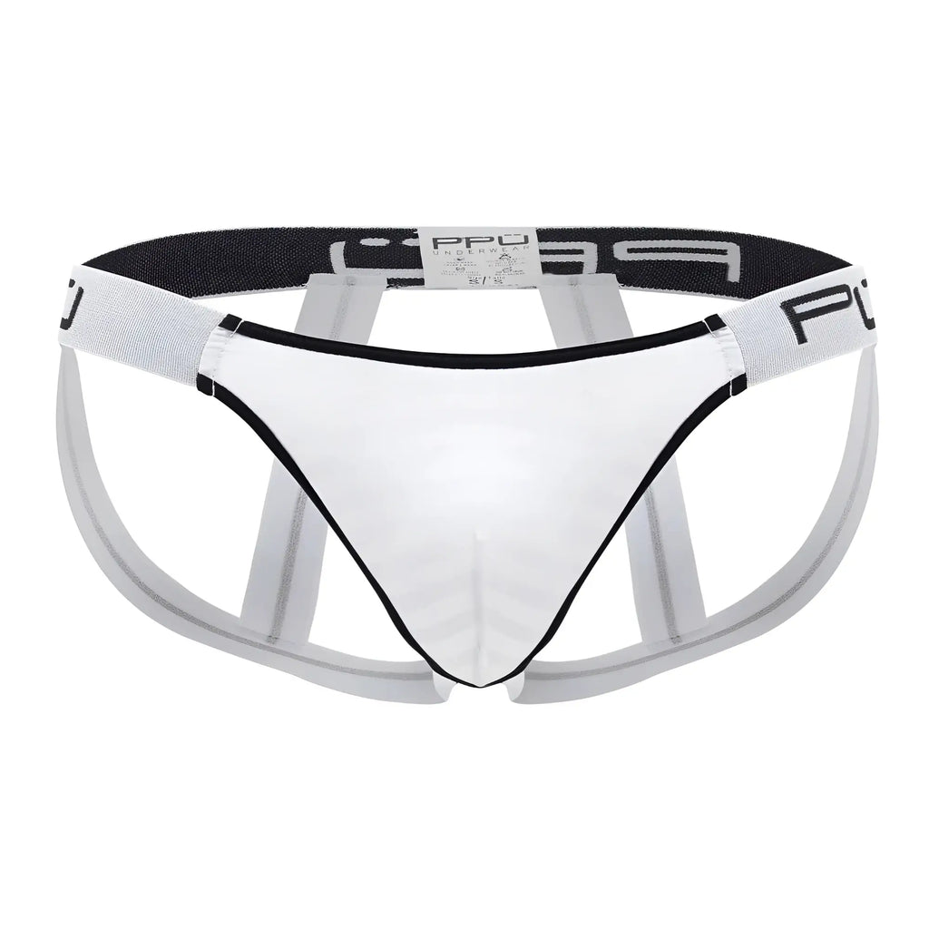 Clear transparent mens microfiber briefs with black trim and white elastic waistband featuring ppu logo in white