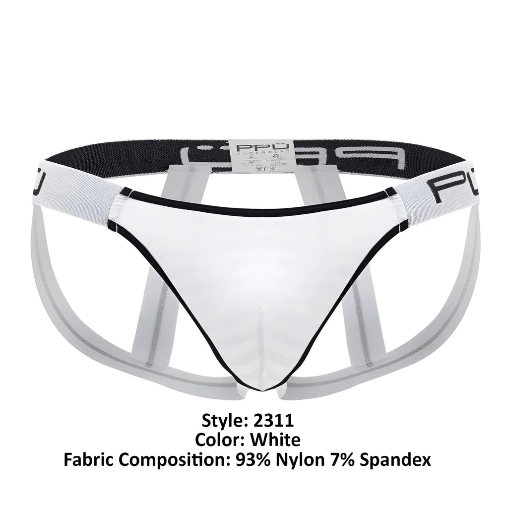 White ppu 2311 microfiber jockstrap with black trim and branded waistband made of 93 nylon 7 spandex