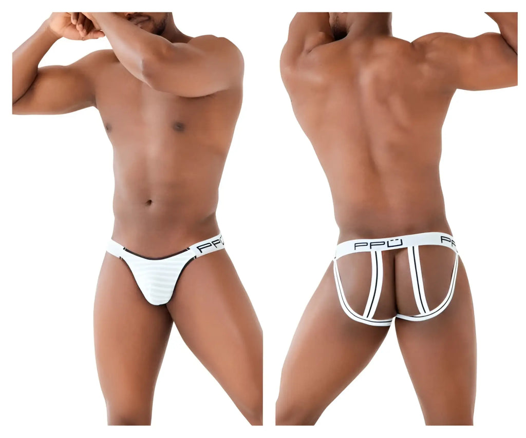 White ppj branded microfiber jockstrap briefs with black trim and supportive side straps color white