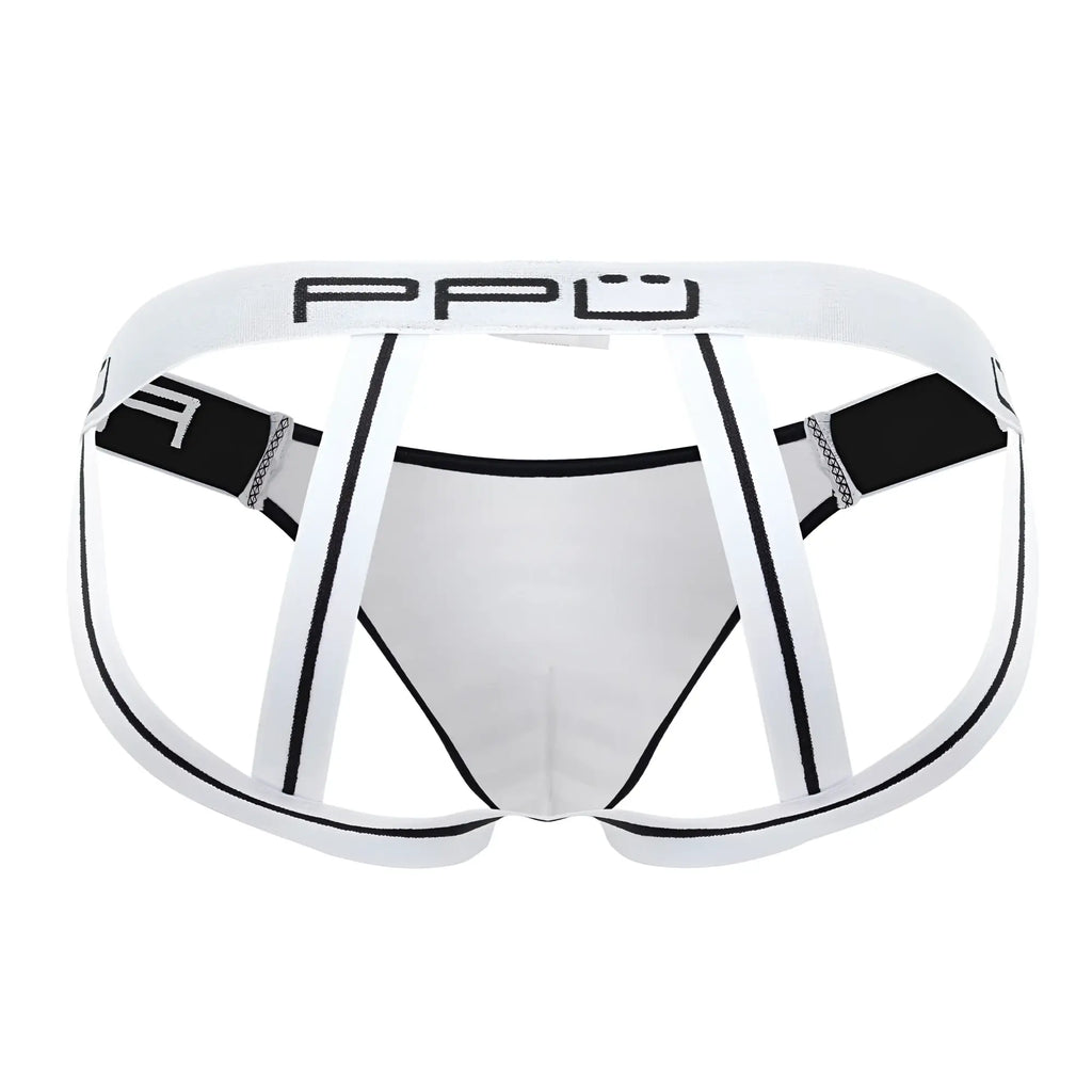 White ppü microfiber jockstrap with black trim and side straps for men in style ppu 2311 color white