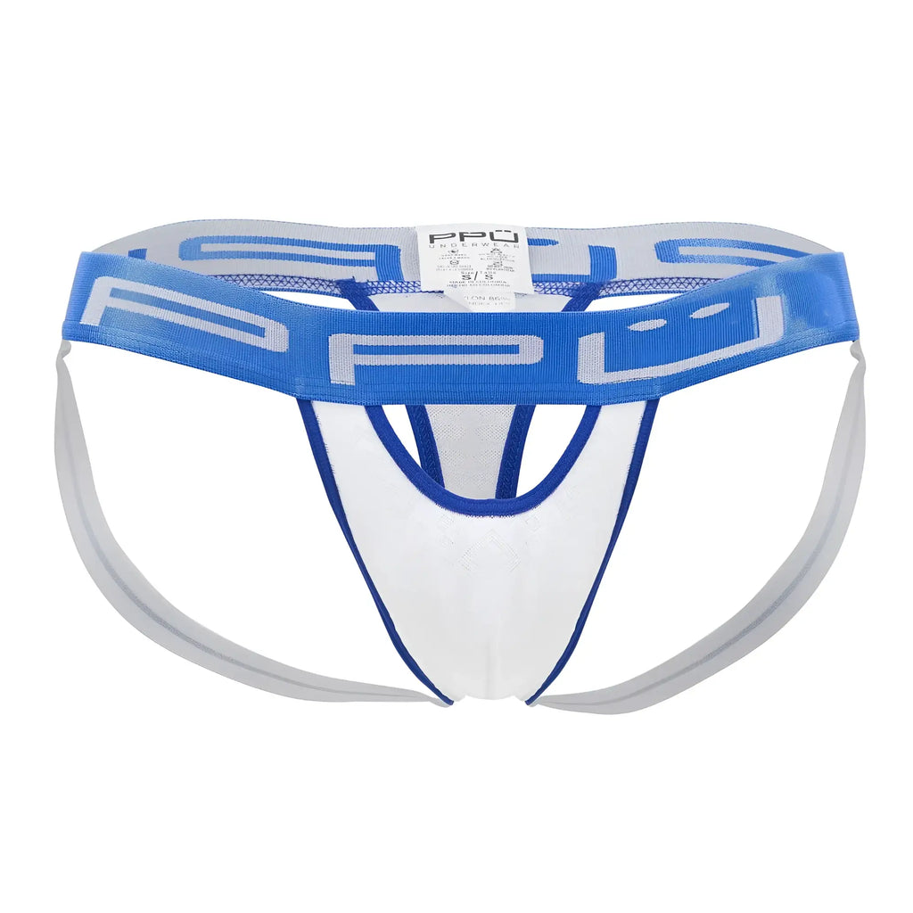 White and blue athletic brief with mesh design and ppu waistband from the ppu 2313 peek-a-boo jockstrap color white collection