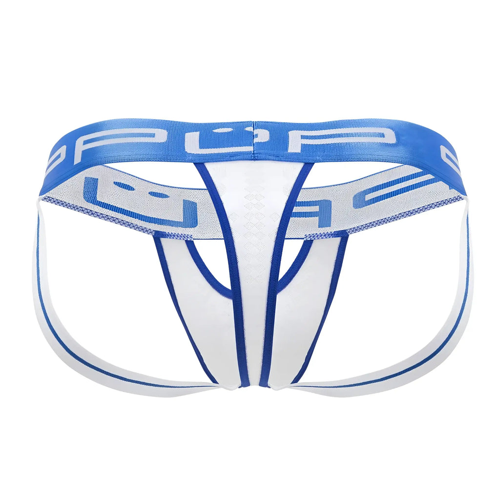 Ppu 2313 peek-a-boo jockstrap in white with blue mesh panel and brand logo on athletic-style briefs front side