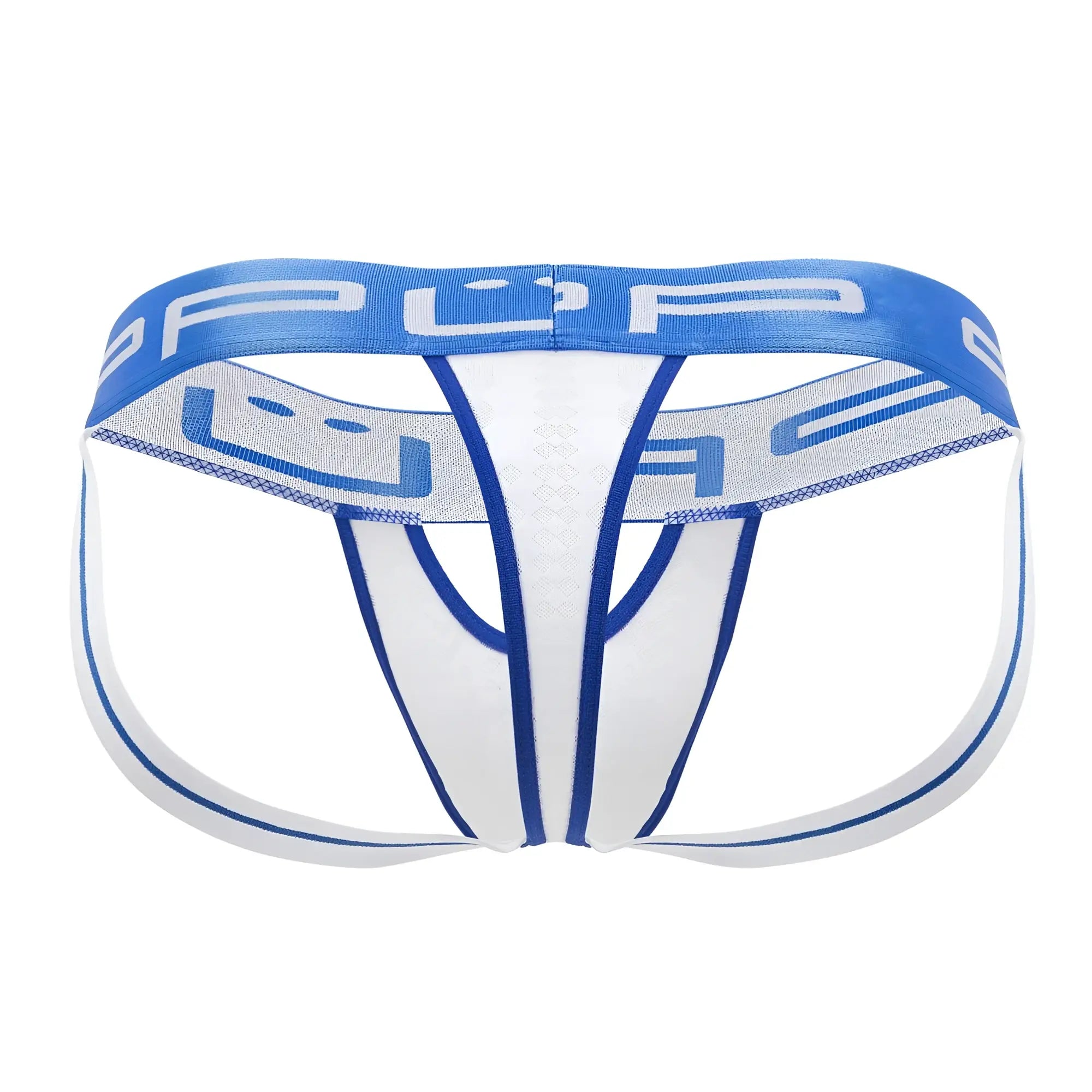 Ppu 2313 peek-a-boo jockstrap in white with blue mesh panel and brand logo on athletic-style briefs front side