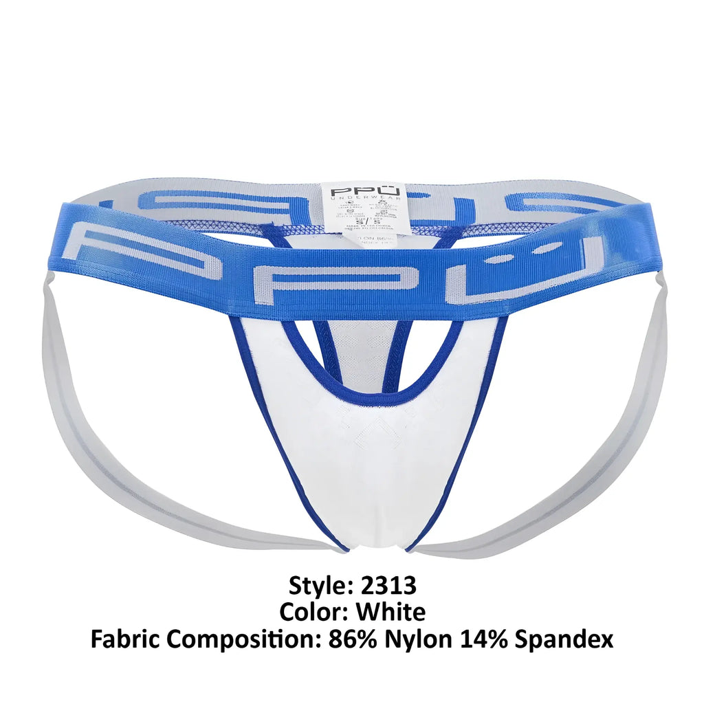 White and blue ppu 2313 peek-a-boo jockstrap briefs with mesh waistband featuring ppu logo