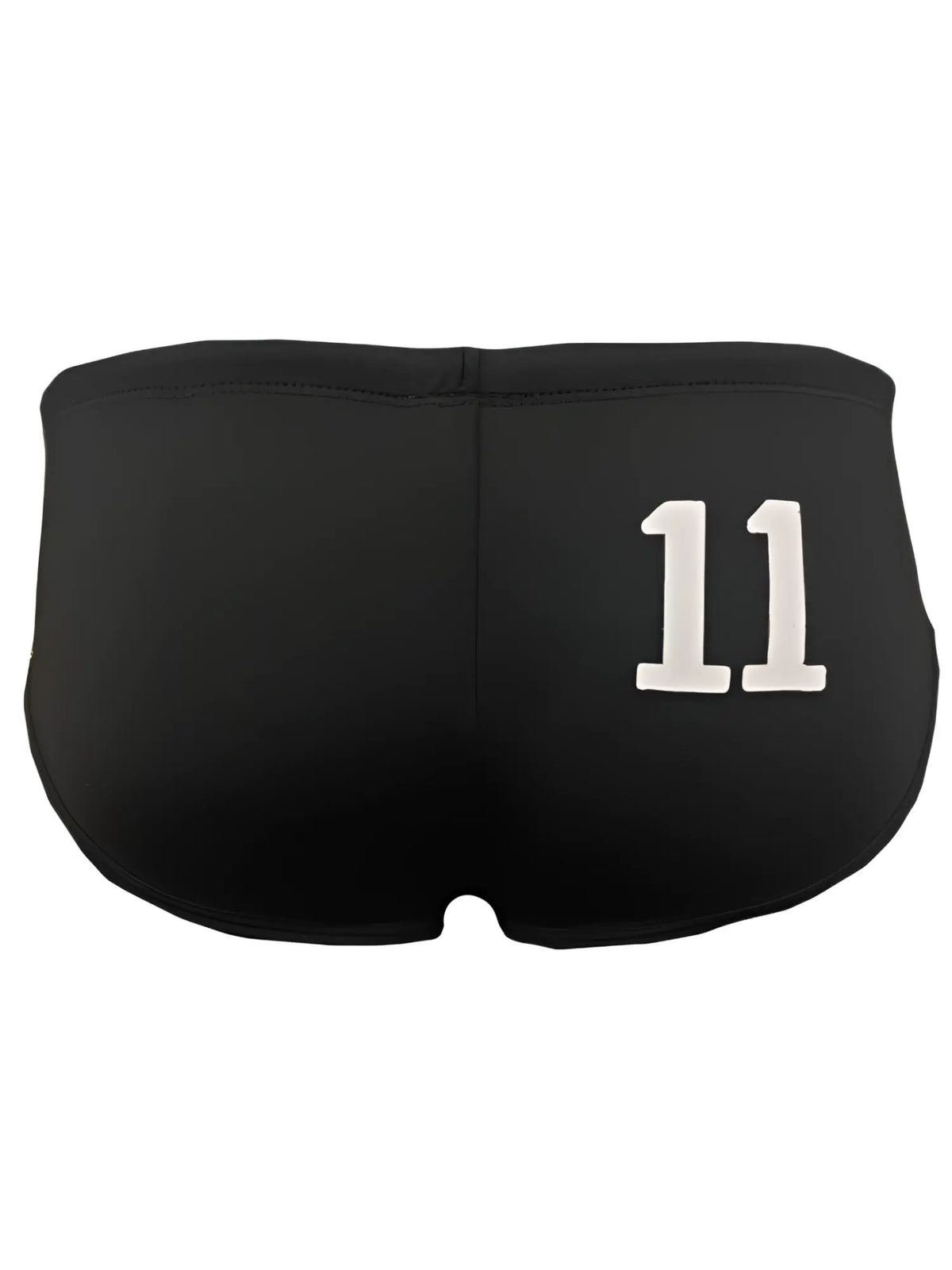 Black pride 11 swim brief showing the back with bold white number 11 embroidered on athletic swim shorts