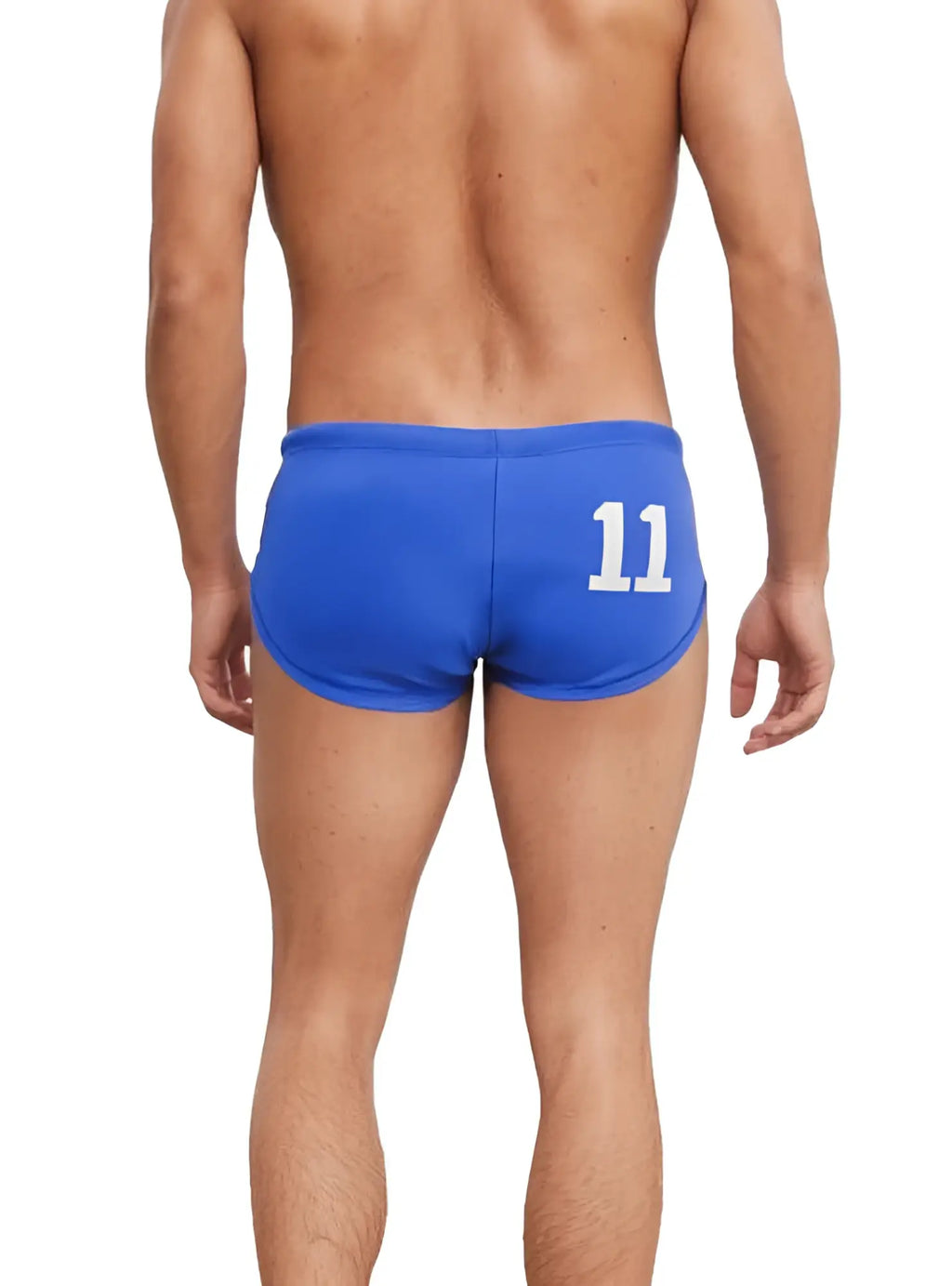 Back view of blue pride 11 swim brief with white number 11 on athletic quick-dry fabric for swimming