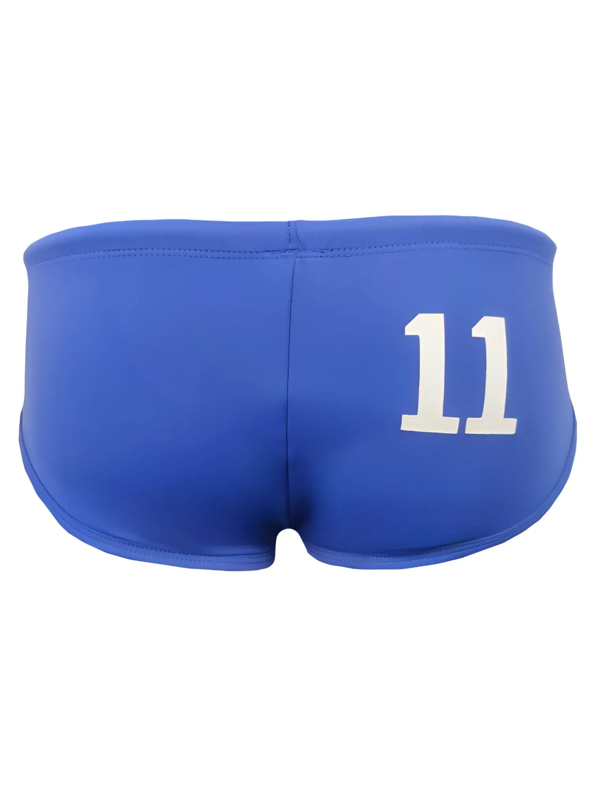 Bright blue pride 11 swim brief backside showing bold white number 11 printed on athletic shorts