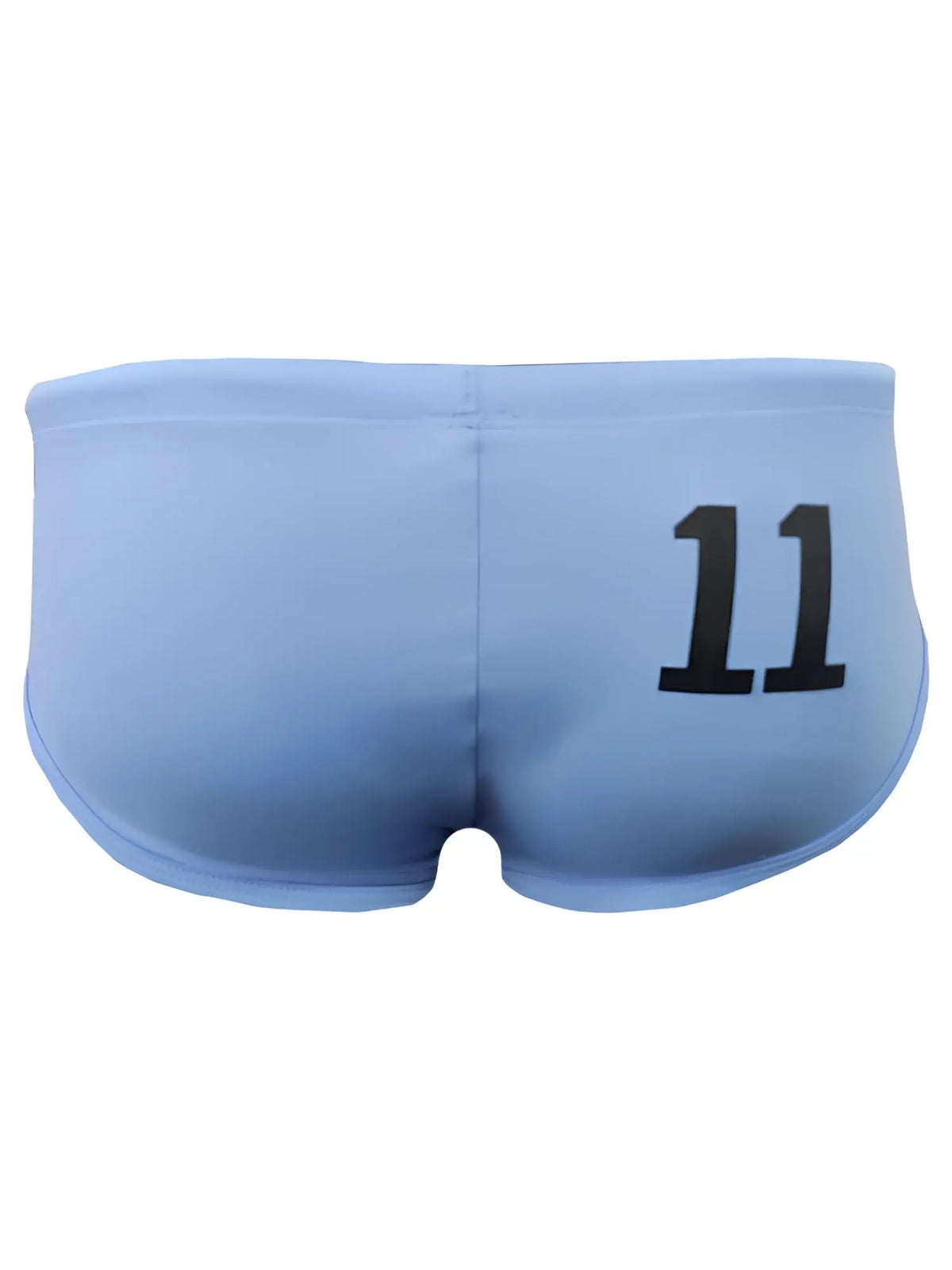 Light blue pride 11 swim brief backside with black number 11 printed on quick-dry swim trunks