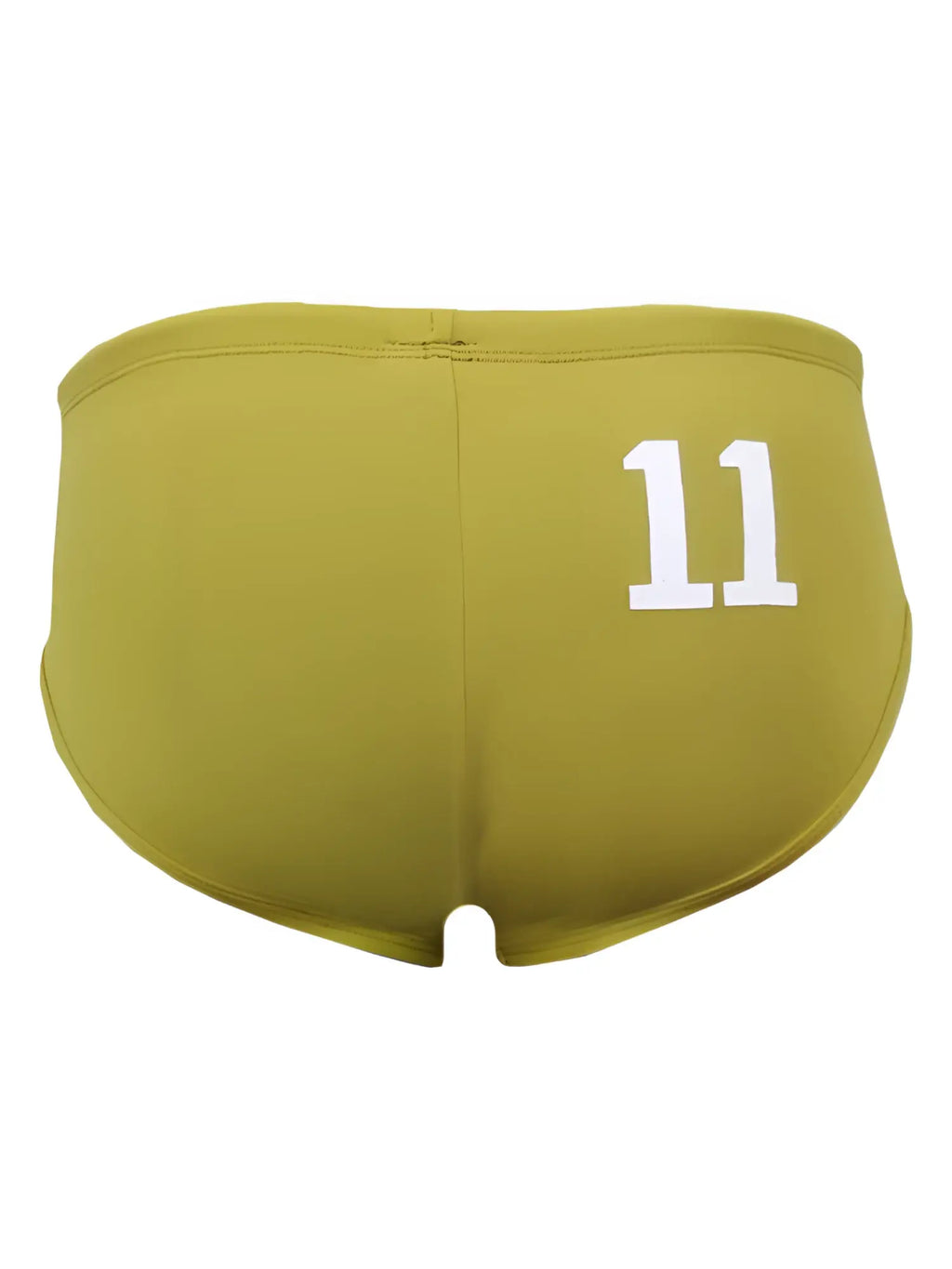 Olive green pride 11 swim brief showing the back with white number 11 printed on swim trunks for swimming use