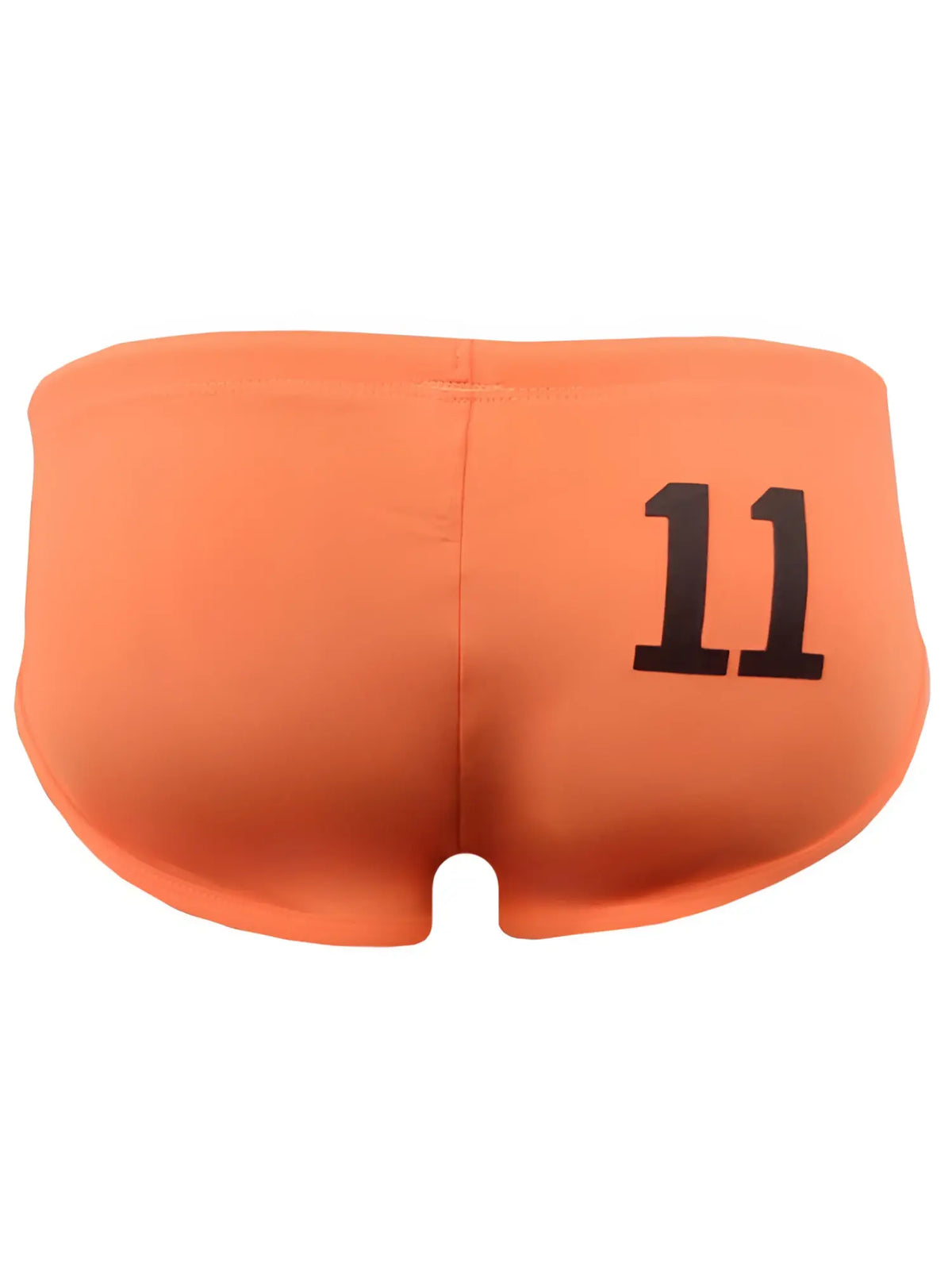 Back of orange pride 11 swim brief with black number 11 printed on athletic quick-dry fabric shorts