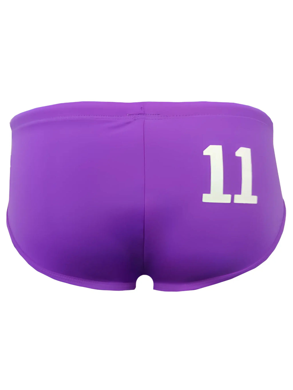 Back side of purple pride 11 swim brief with white number 11 printed on athletic shorts for swimming use