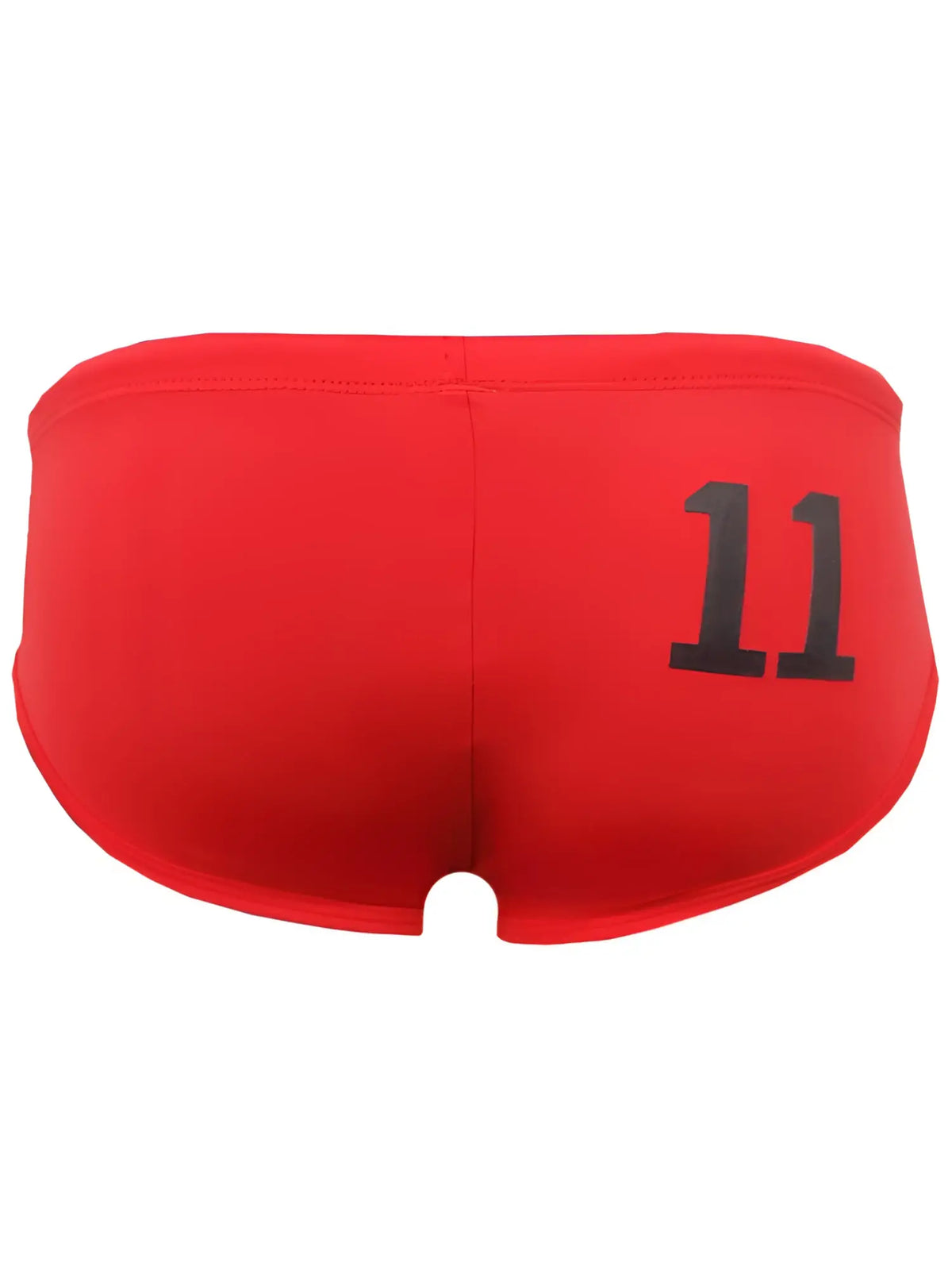 Red pride 11 swim brief with black number 11 printed on the side made of quick-dry swim fabric