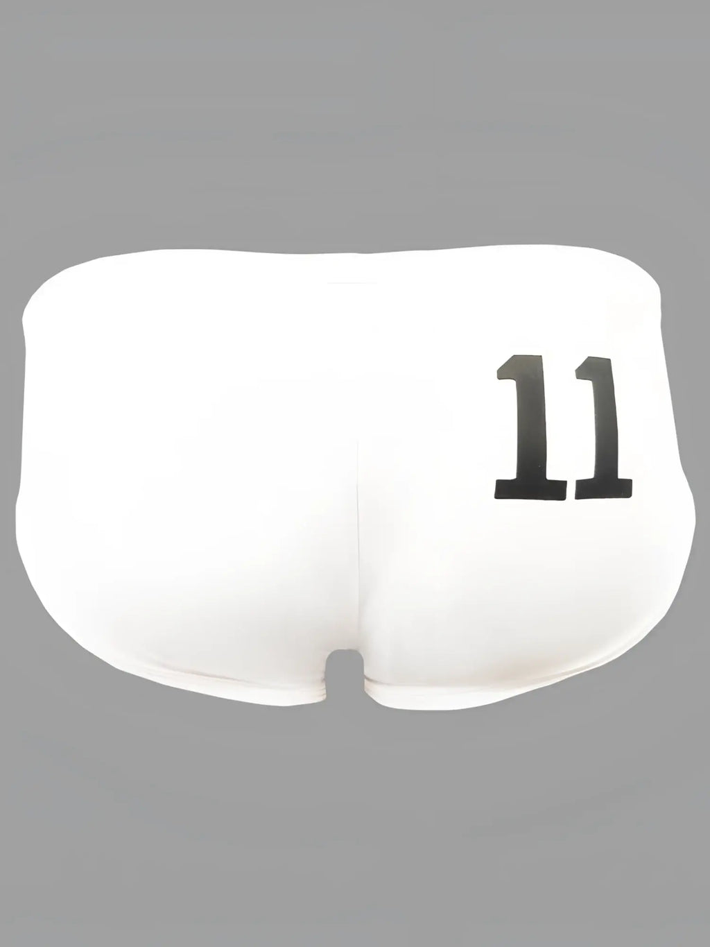 White swim briefs showing the back with black 11 printed on the fabric in pride 11 swim brief design