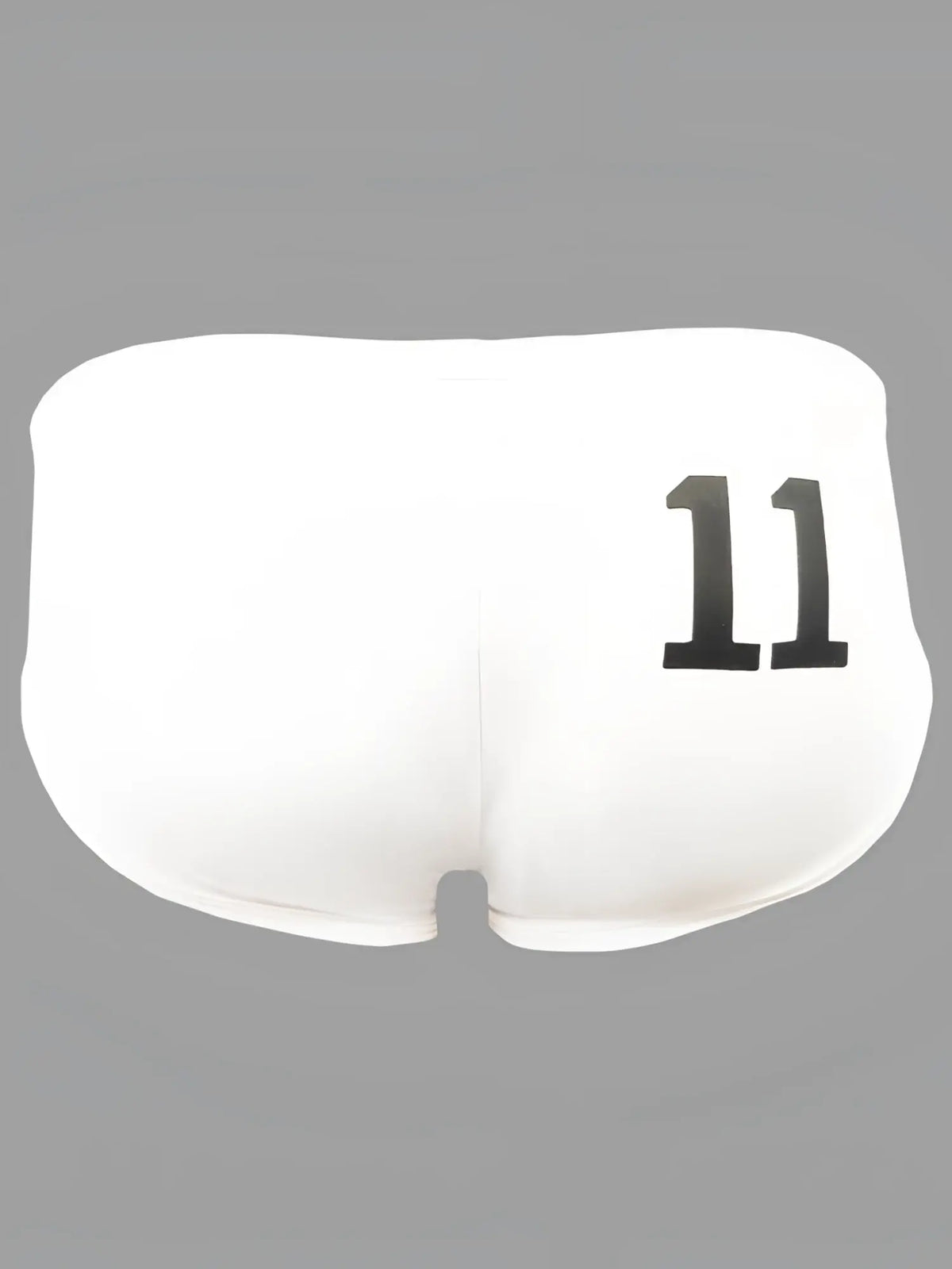 White swim briefs showing the back with black 11 printed on the fabric in pride 11 swim brief design