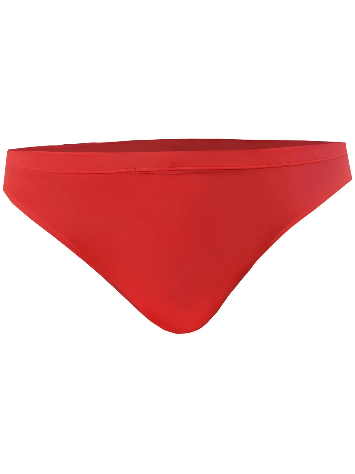 Red pride bikini bottom with smooth fabric finish and classic solid color design shown from the back side