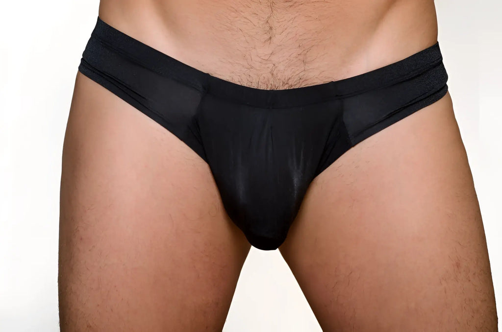 Black sheer mesh pride cheeky metro brief with plus pouch featuring a smooth, form-fitting design