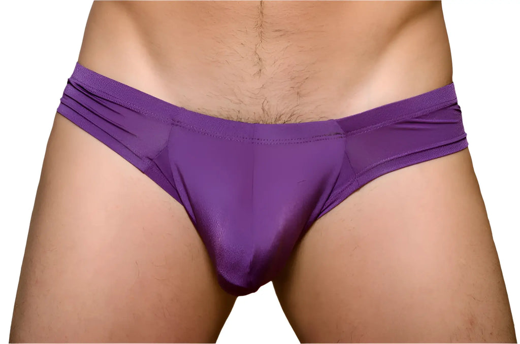 Purple satin pride cheeky metro brief with plus pouch featuring a smooth glossy finish and contoured design