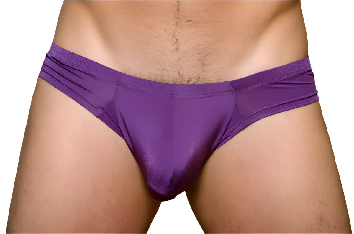 Purple satin pride cheeky metro brief with plus pouch featuring a smooth glossy finish and contoured design