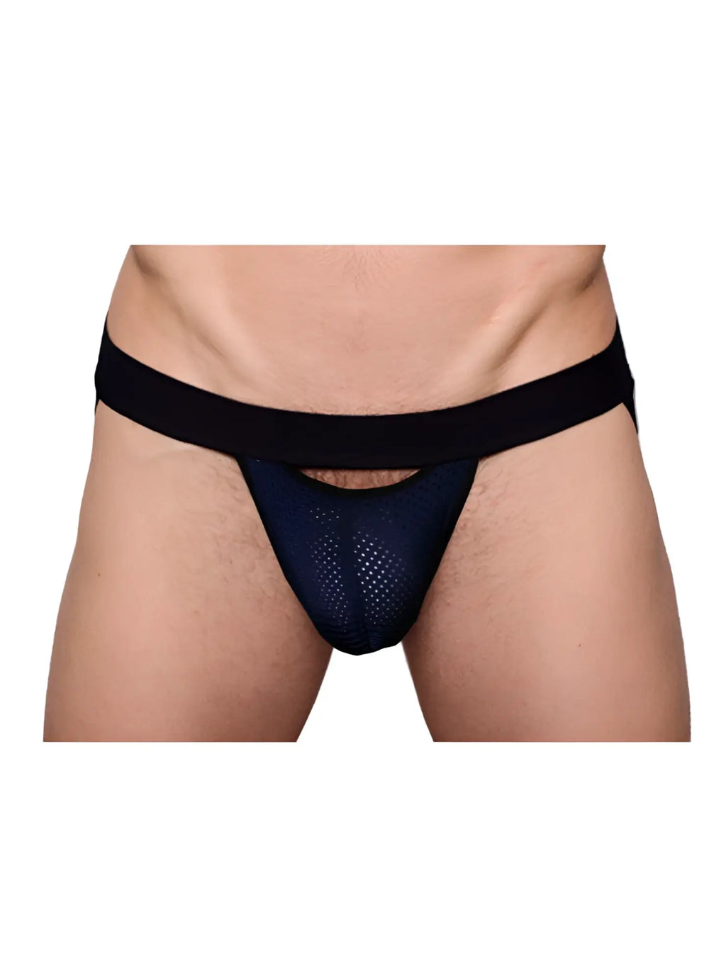 Black mesh briefs with a solid black waistband featured as the front view in the pride drop jockstrap product line