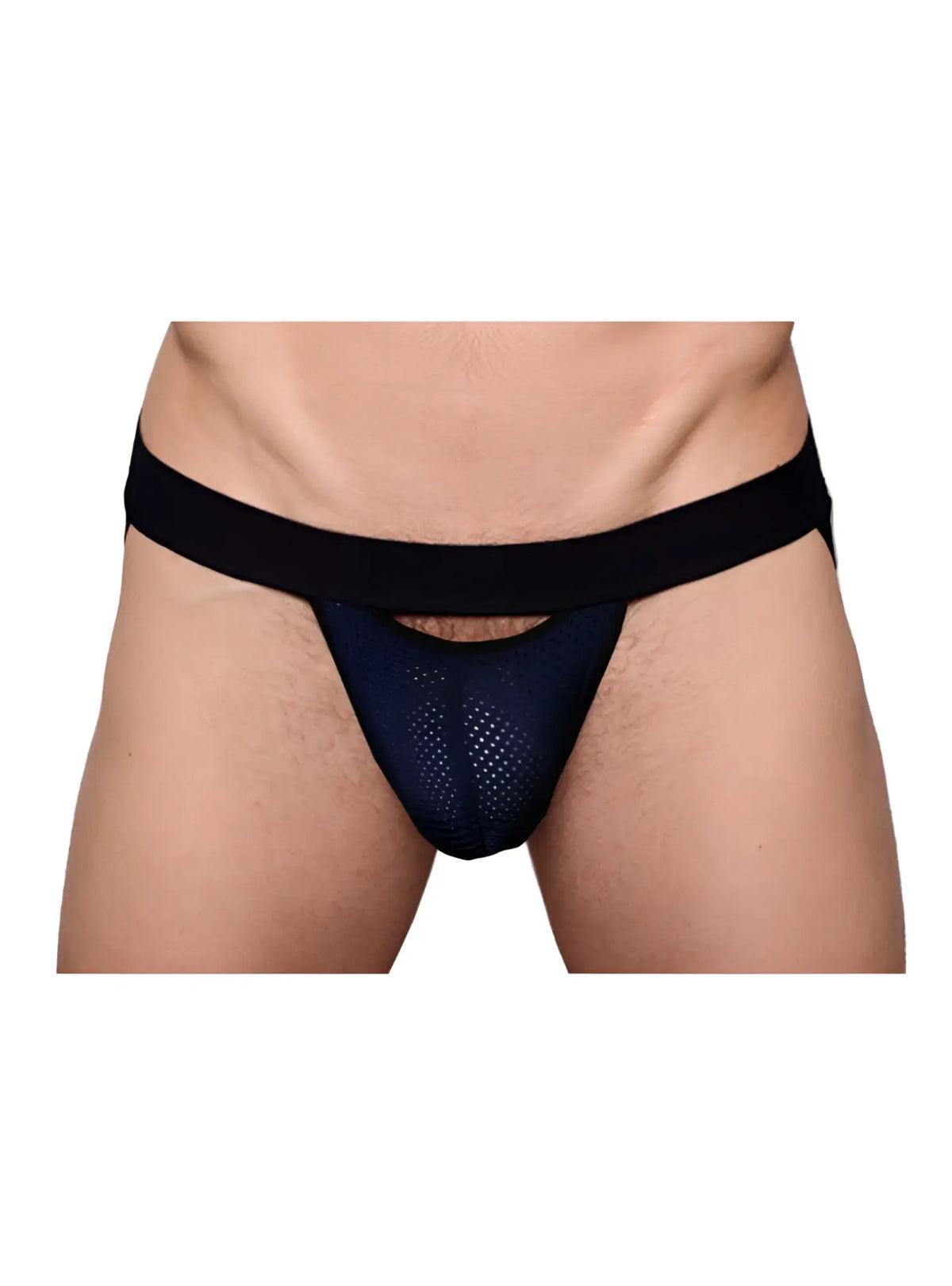 Black mesh briefs with a solid black waistband featured as the front view in the pride drop jockstrap product line