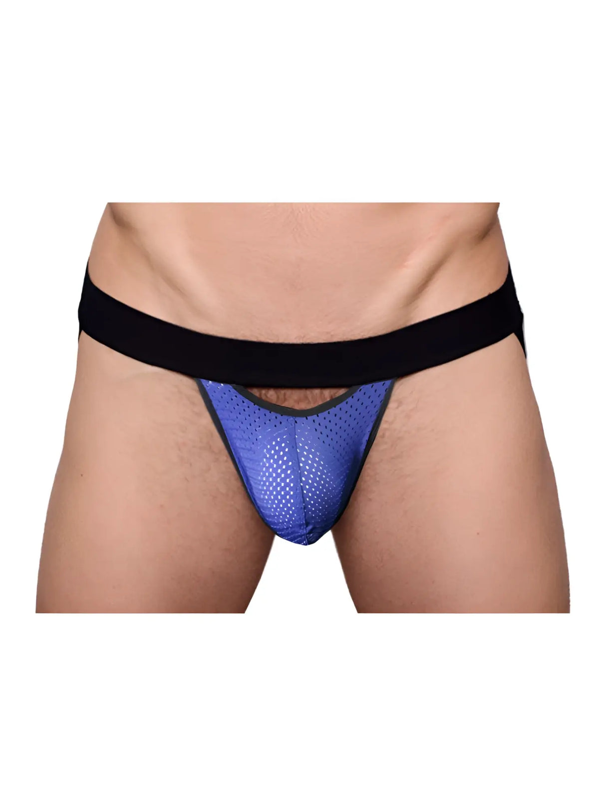 Blue mesh pride drop jockstrap briefs with a black elastic waistband designed for comfortable support