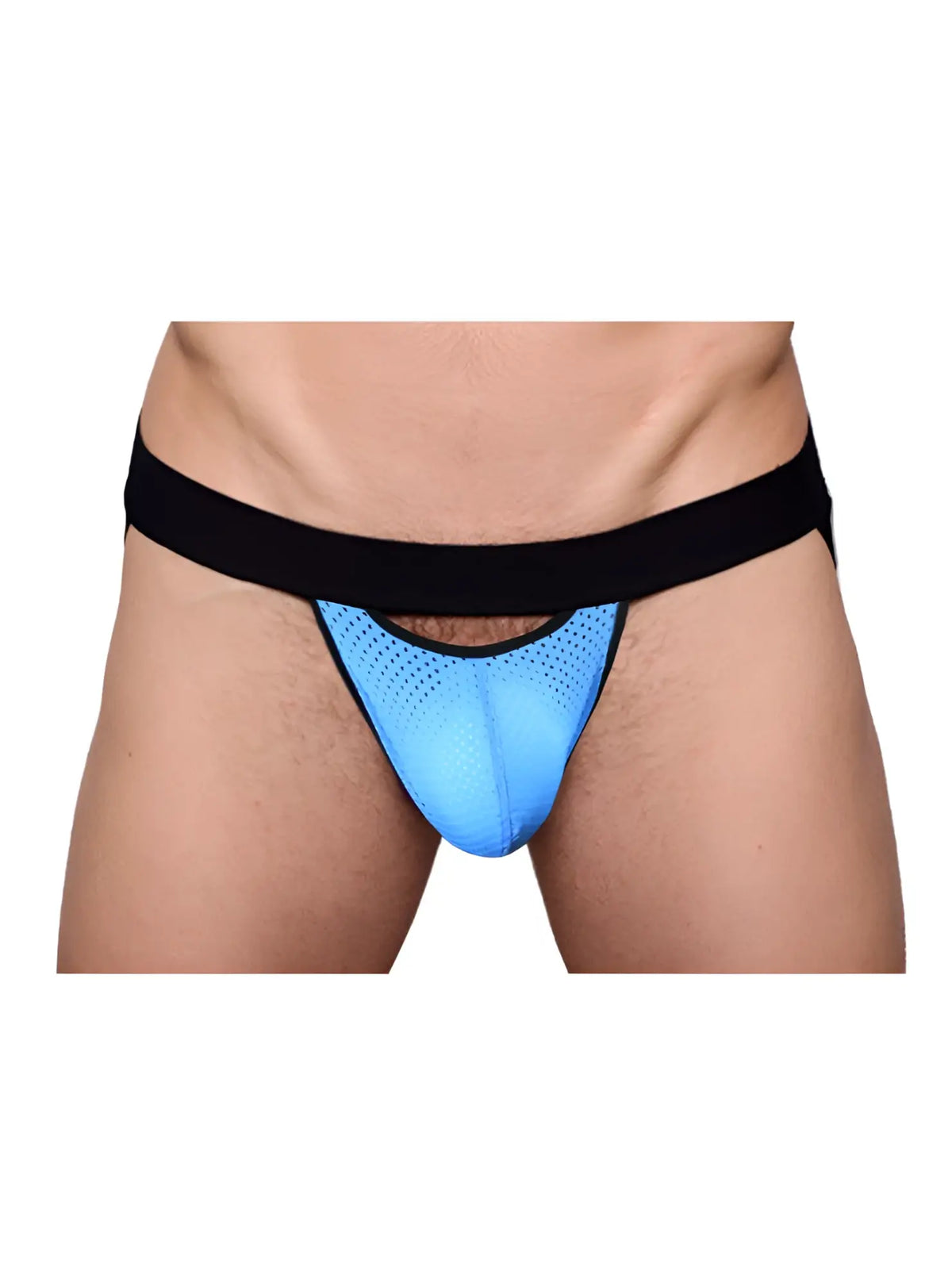 Blue perforated mesh pride drop jockstrap featuring a black elastic waistband