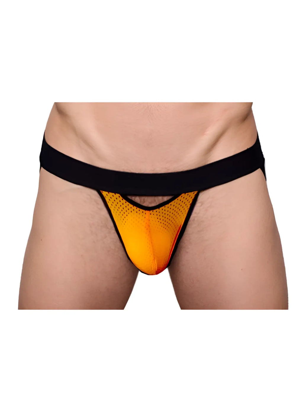 Orange mesh thong pride drop jockstrap with black waistband showing front side design