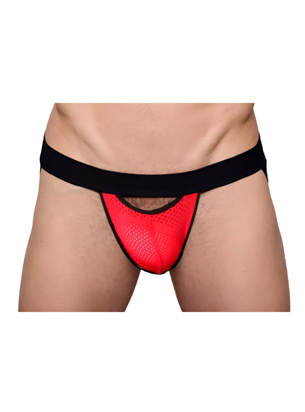 Pride drop jockstrap red mesh briefs with black elastic waistband designed for comfortable support