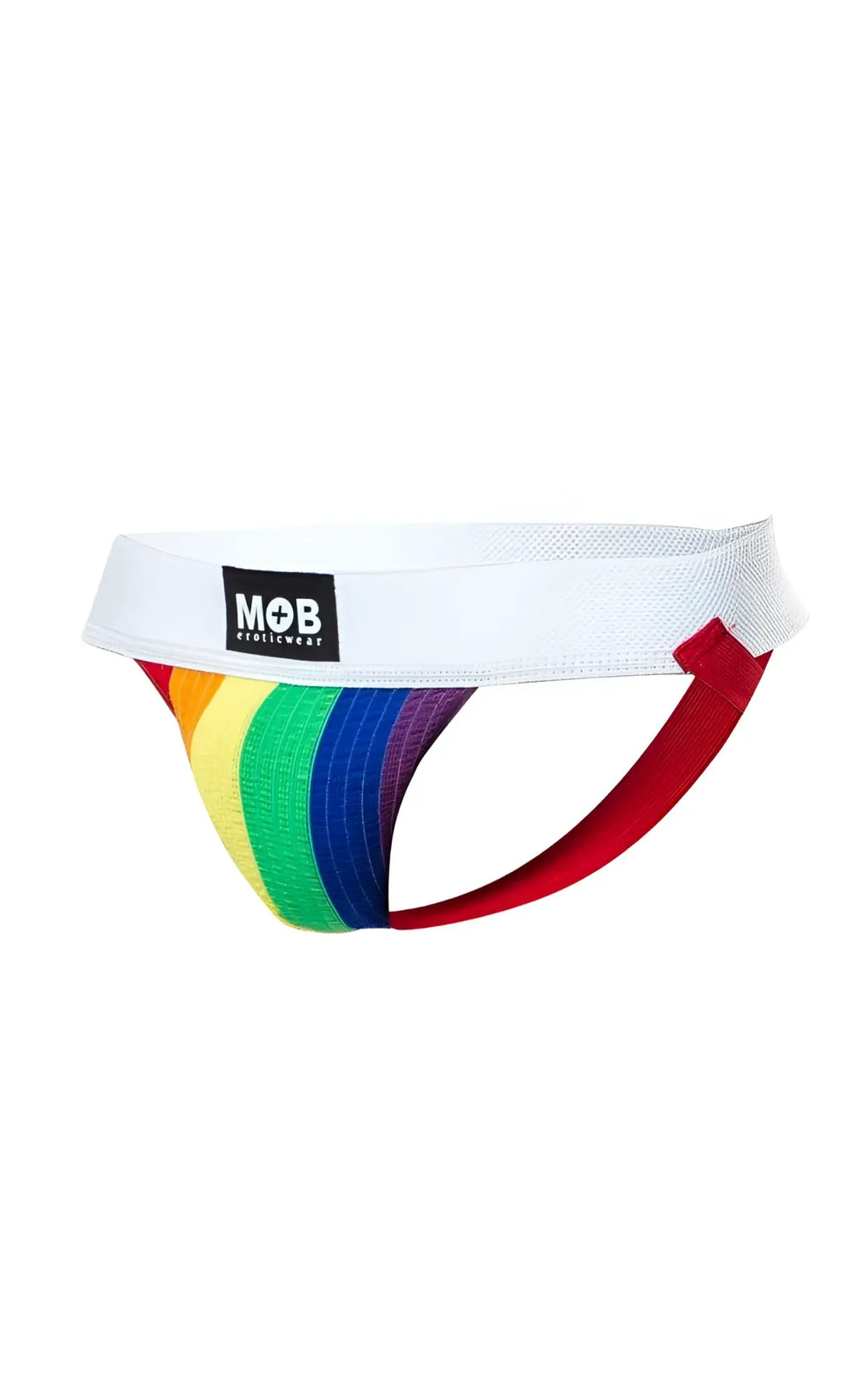 Pride flag colors jockstrap with rainbow stripes red side panels white waistband and mob underwear logo