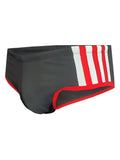 Pride jethro 11 swim racer black swim trunks with bold red and white vertical side stripes and red trim on leg openings