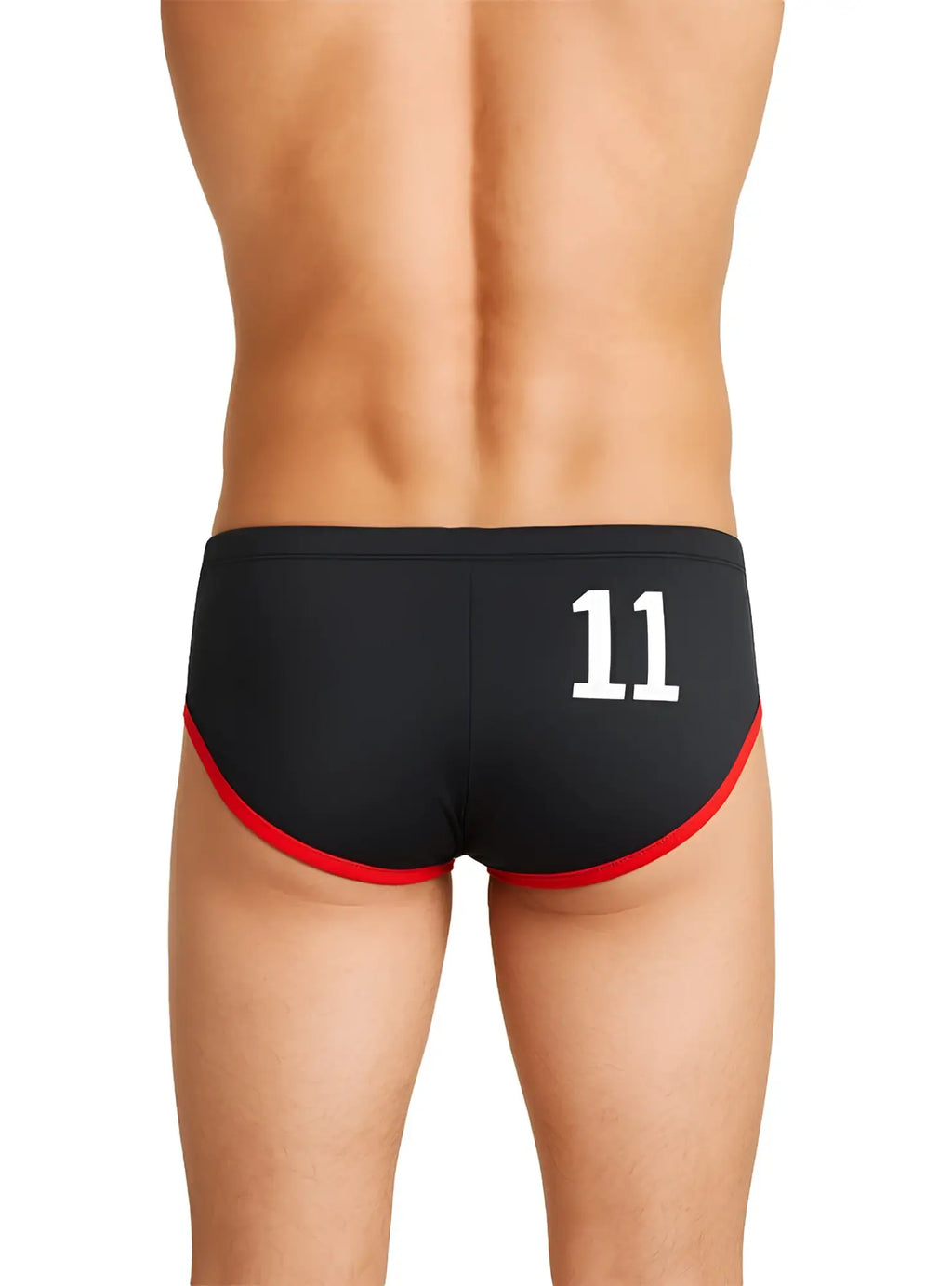 Back view of pride jethro 11 swim racer black swim trunks with red trim and white number 11 on the back
