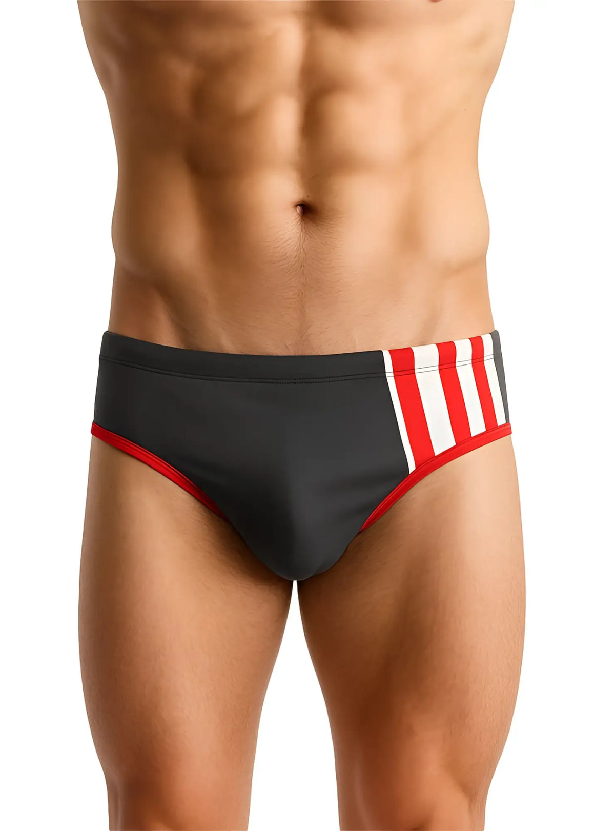 Black Pride Jethro 11 swim racer trunks with red and white striped side panel designed for swimming
