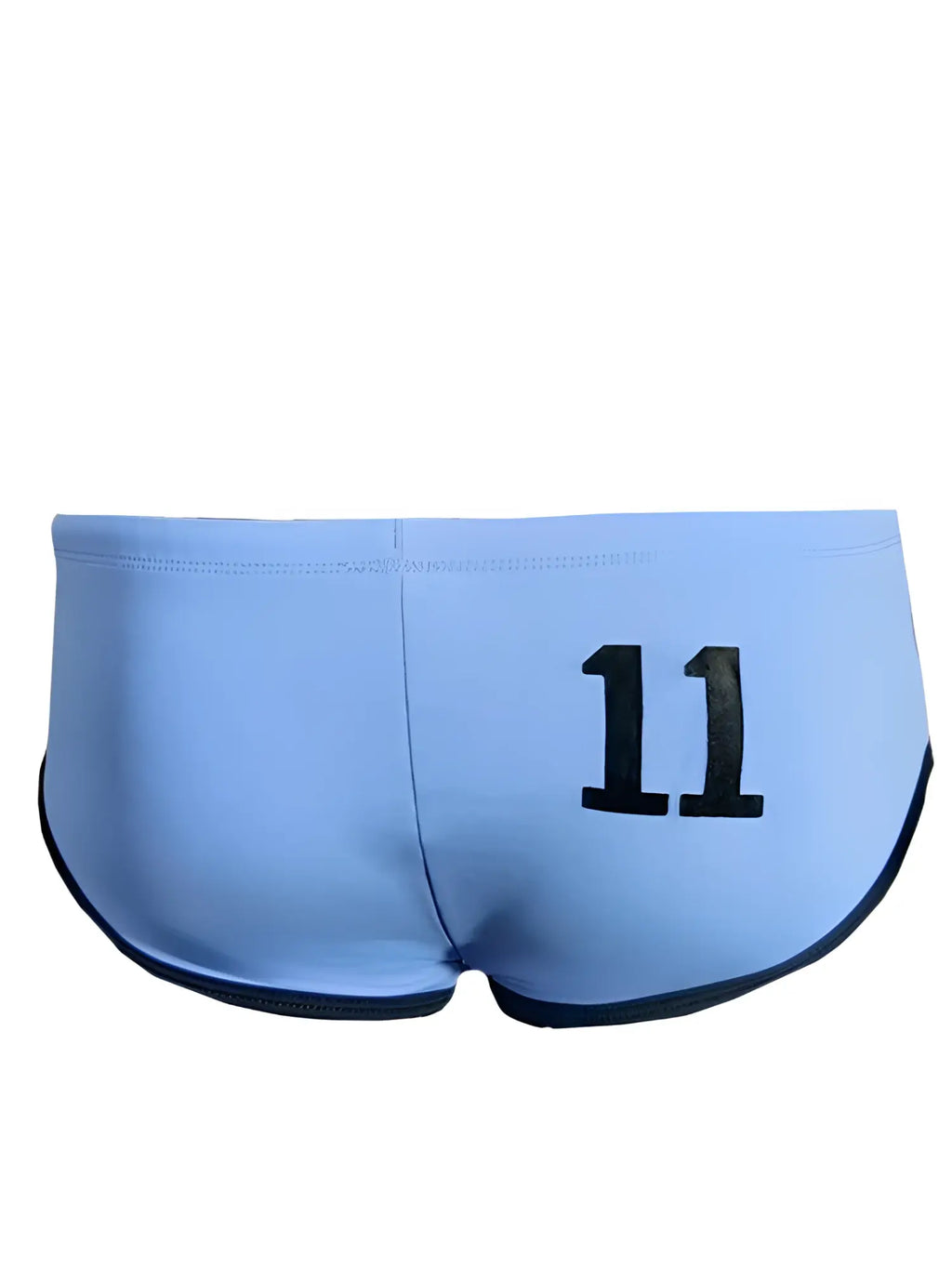 Light blue pride jethro 11 swim racer trunks with black trim and bold 11 printed on the back side