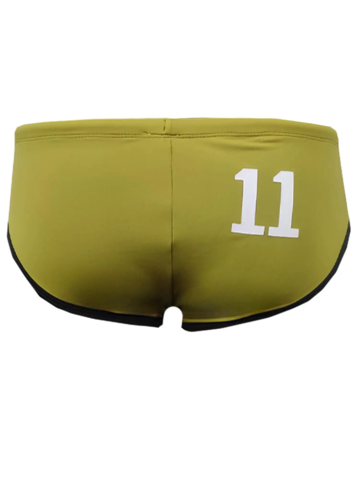 Olive green swim trunks with black trim and white 11 on the back from pride jethro 11 swim racer collection