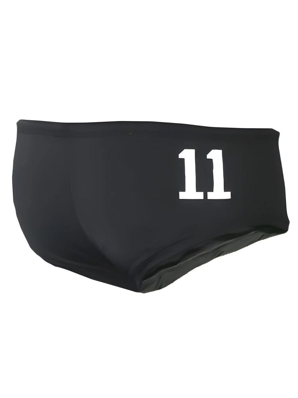 Black pride justin brief swim trunks with white number 11 printed on the front for athletic use