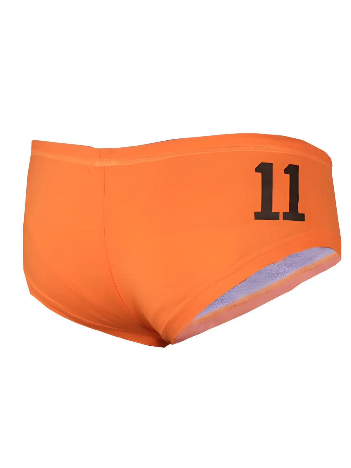 Bright orange pride justin brief swim trunks with black number 11 printed on the side for beach and pool use