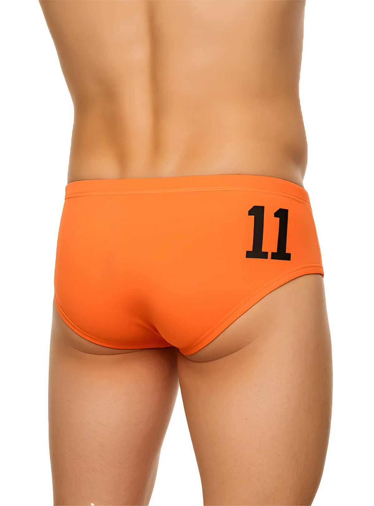 Bright orange pride justin brief swim trunks showing back side with bold black 11 printed on the fabric