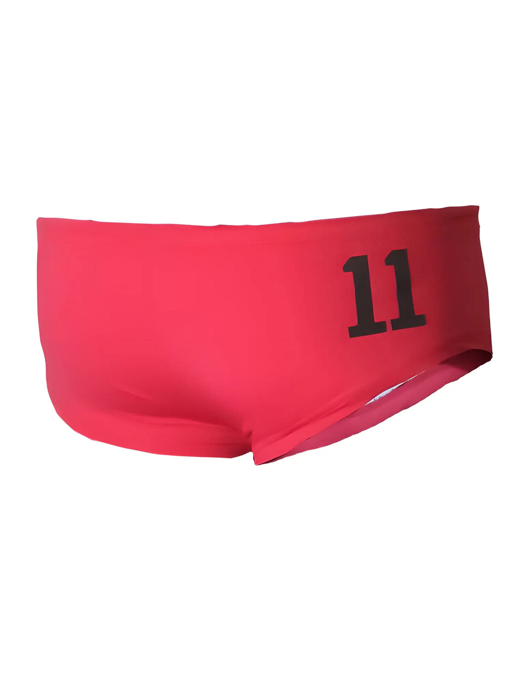 Bright red pride Justin brief swim trunks with bold black number 11 printed on the side for active wear