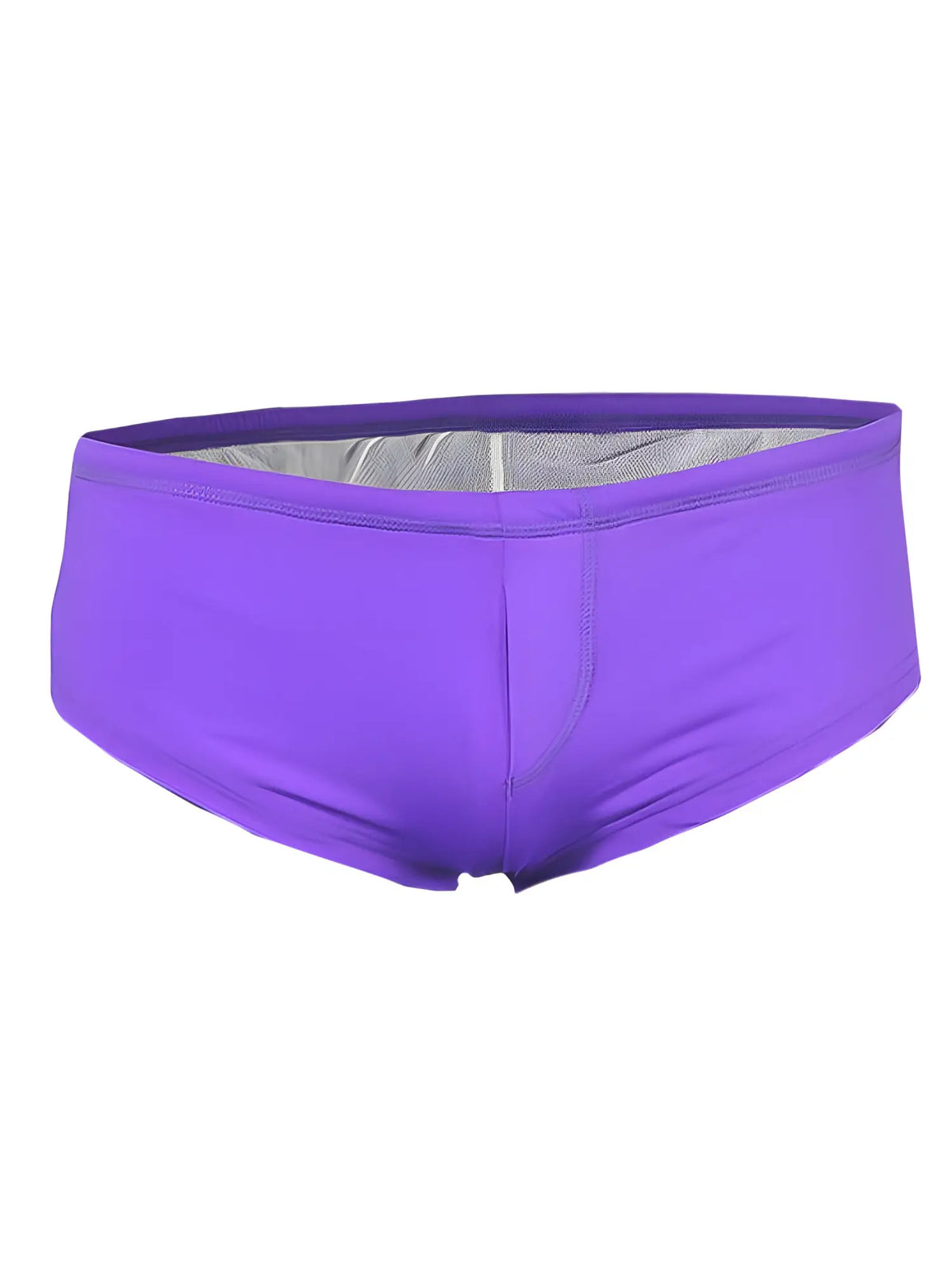 Purple pride justin brief swim trunks with silver mesh lining designed for comfortable water use