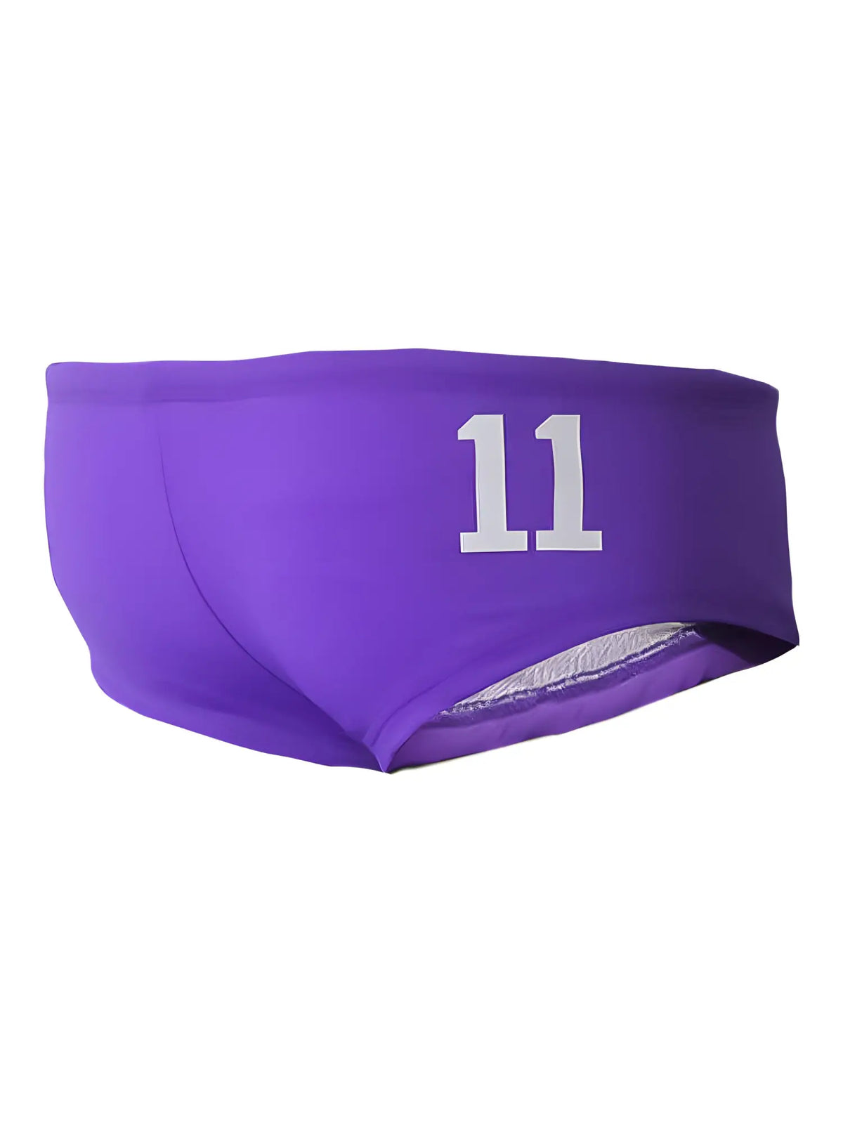 Purple pride justin brief swim trunks with white number 11 printed on the front for swimwear use