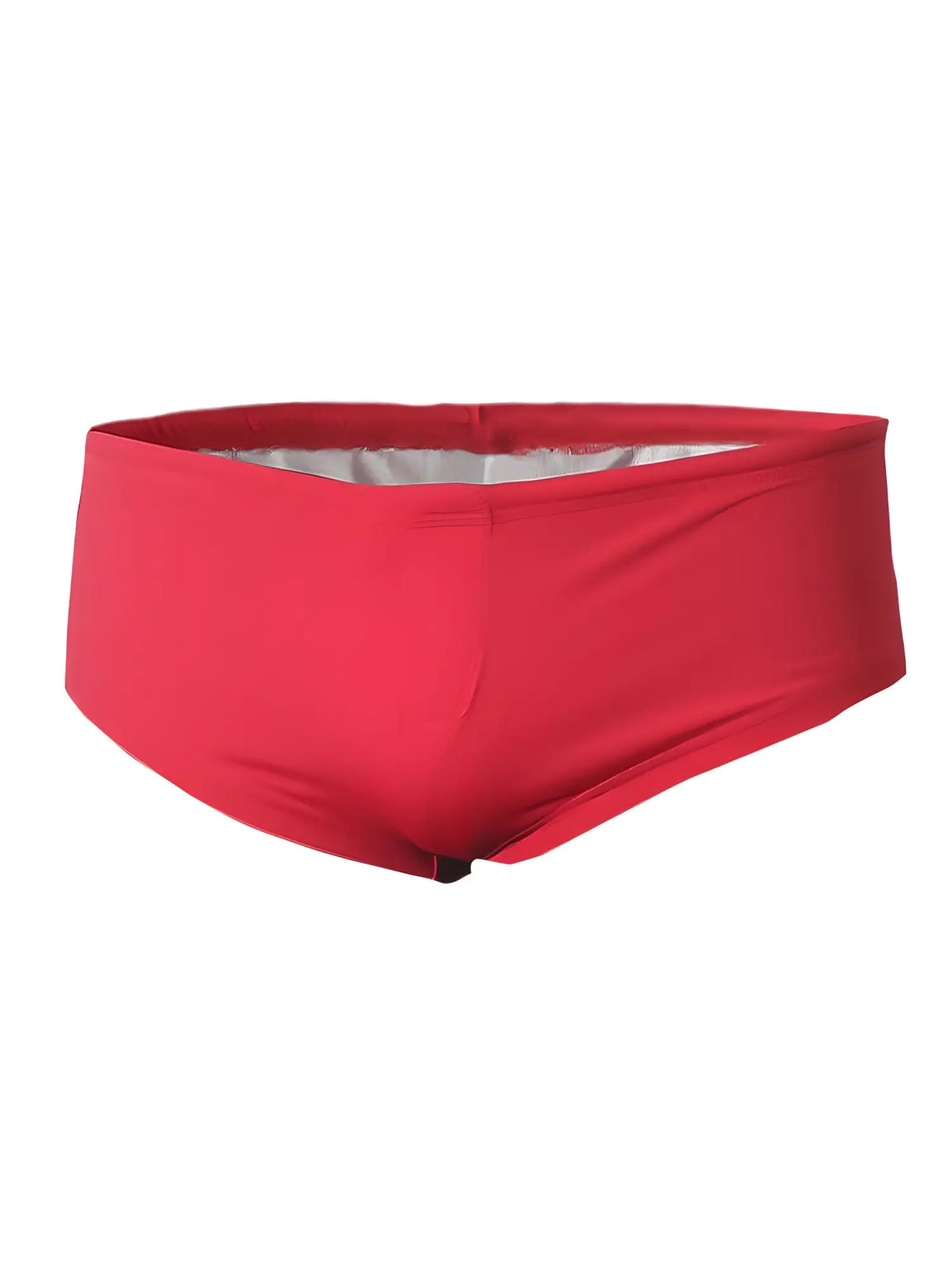 Red pride justin brief swim trunks with silver lining and black elastic waistband for swimming and beachwear