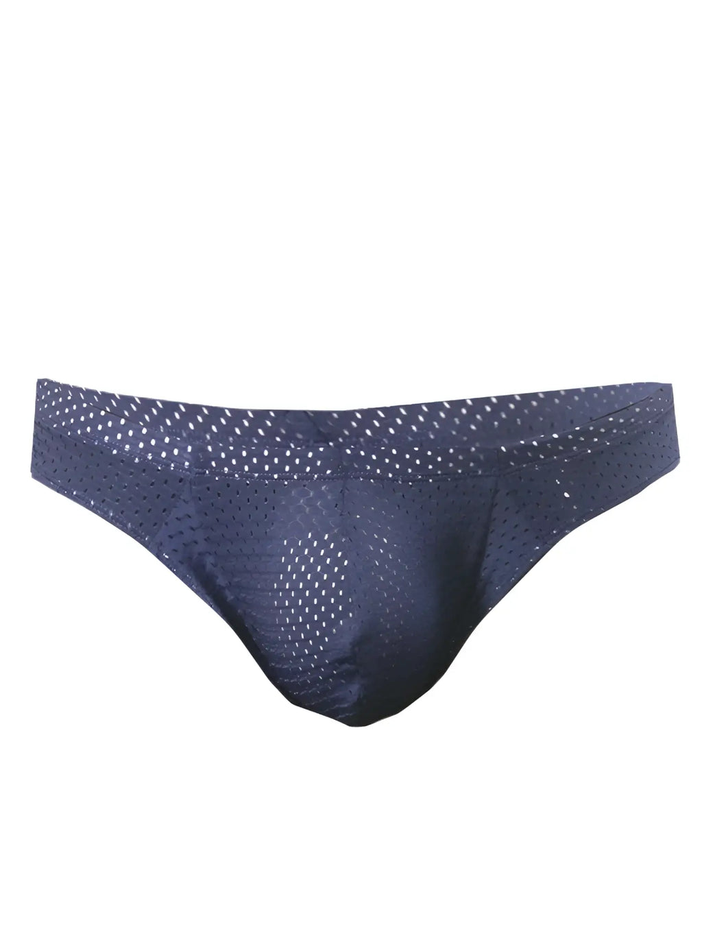 Dark blue pride mesh bunz brief with subtle white dot pattern plus pouch made of breathable mesh material