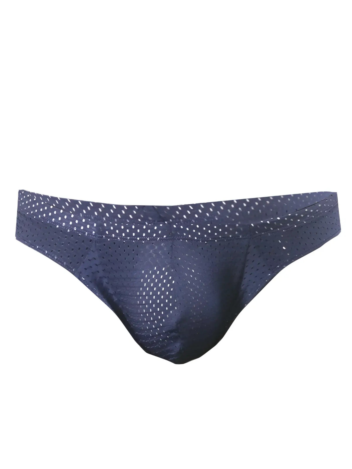 Dark blue pride mesh bunz brief with subtle white dot pattern plus pouch made of breathable mesh material