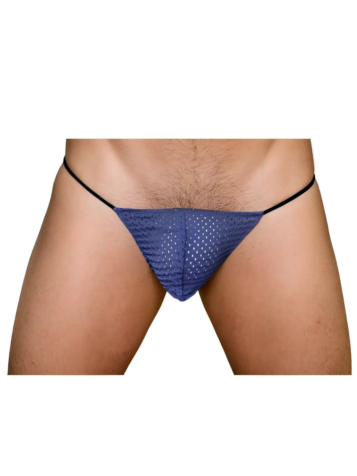 Blue mesh thong with black elastic waistband front view from the pride mesh g-string collection