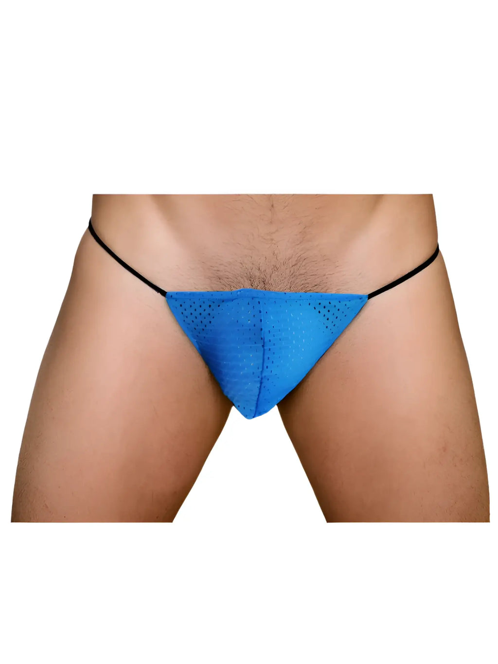 Pride mesh g-string bright blue mesh thong with black elastic waistband shown from the back side
