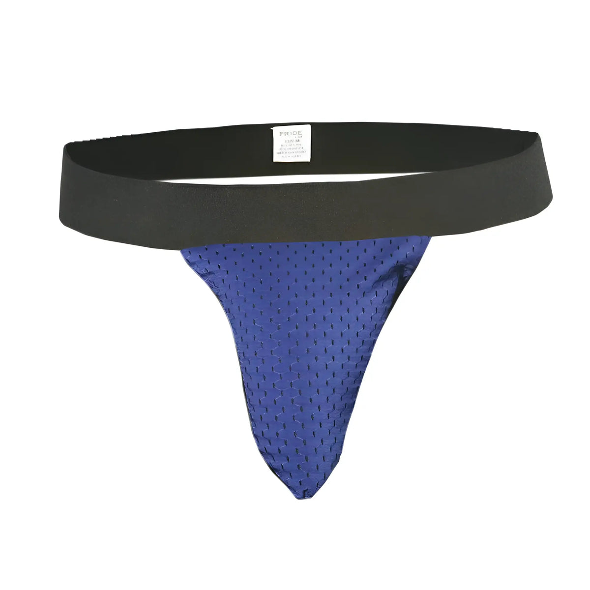 Blue mesh thong with black elastic waistband featured in pride mesh sock product design