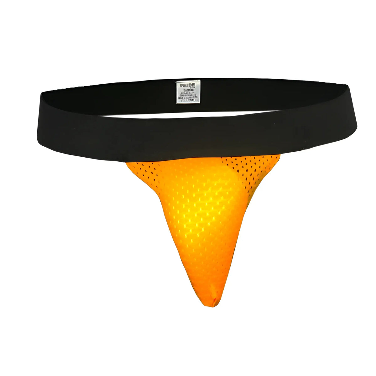 Bright orange mesh thong with a black elastic waistband shown from the back in the pride mesh sock product