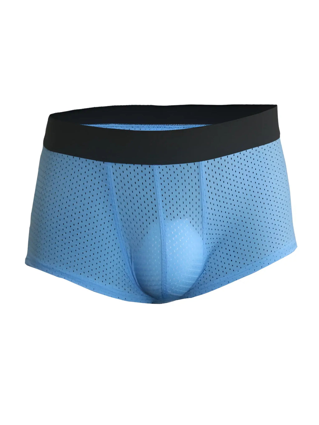 Light blue pride mesh trunk briefs with black elastic waistband made from breathable mesh fabric
