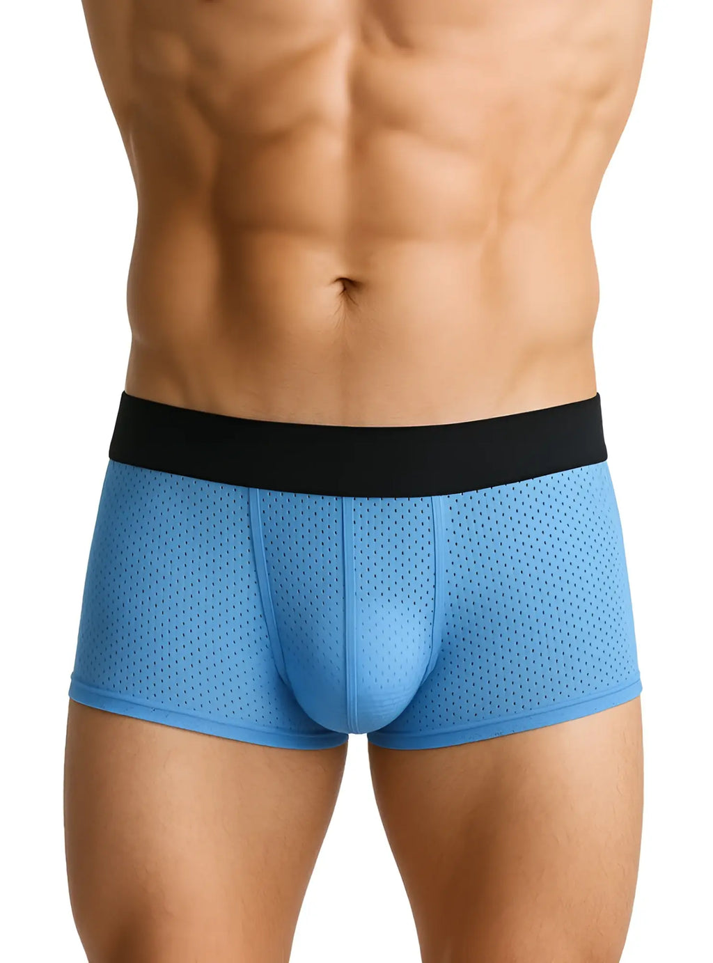 Light blue perforated mesh Pride mesh trunk boxer briefs with a solid black waistband for comfortable support